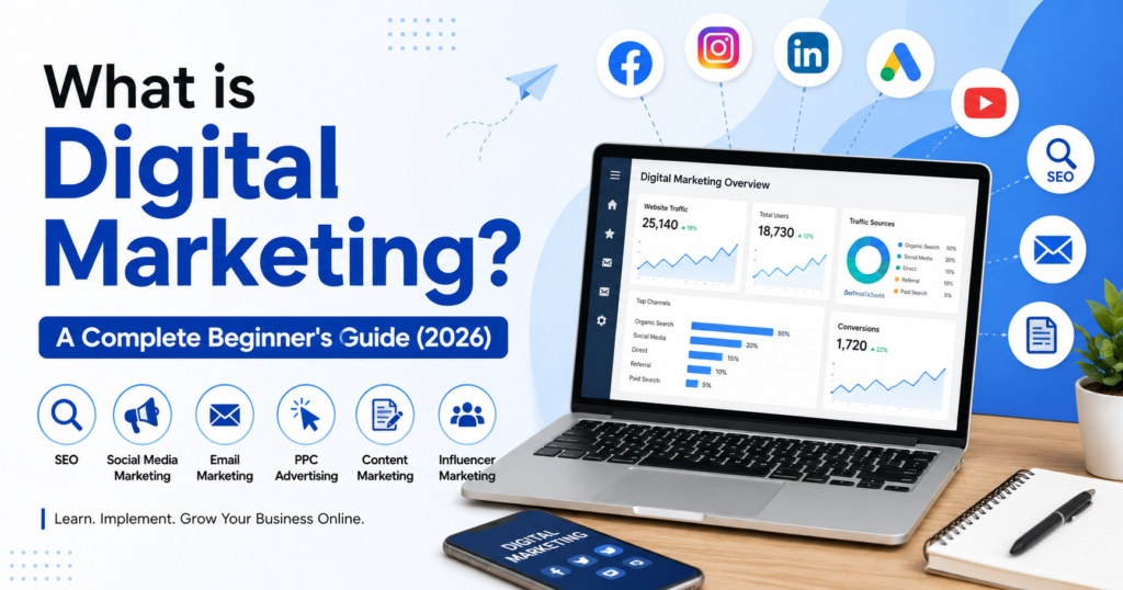 What is Digital Marketing? Complete Beginner's Guide 2026 featuring SEO, Social Media, Email Marketing, PPC, and Content Marketing.
